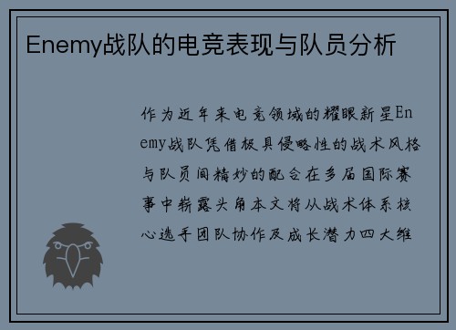 Enemy战队的电竞表现与队员分析