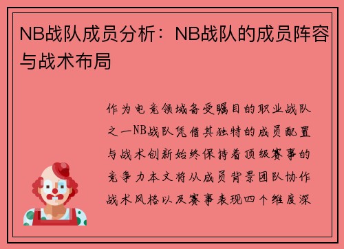 NB战队成员分析：NB战队的成员阵容与战术布局