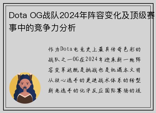 Dota OG战队2024年阵容变化及顶级赛事中的竞争力分析