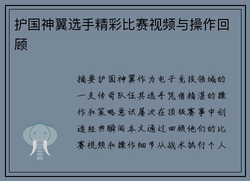护国神翼选手精彩比赛视频与操作回顾